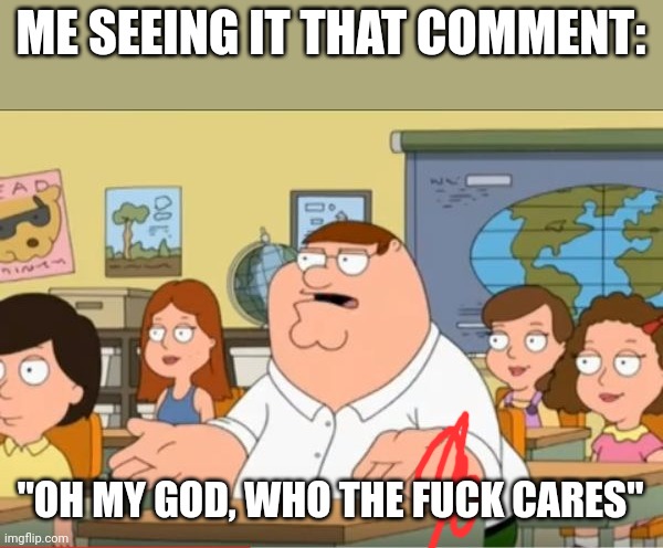 "Oh my god, who the hell cares" from Family Guy | ME SEEING IT THAT COMMENT: "OH MY GOD, WHO THE FUCK CARES" | image tagged in oh my god who the hell cares from family guy | made w/ Imgflip meme maker