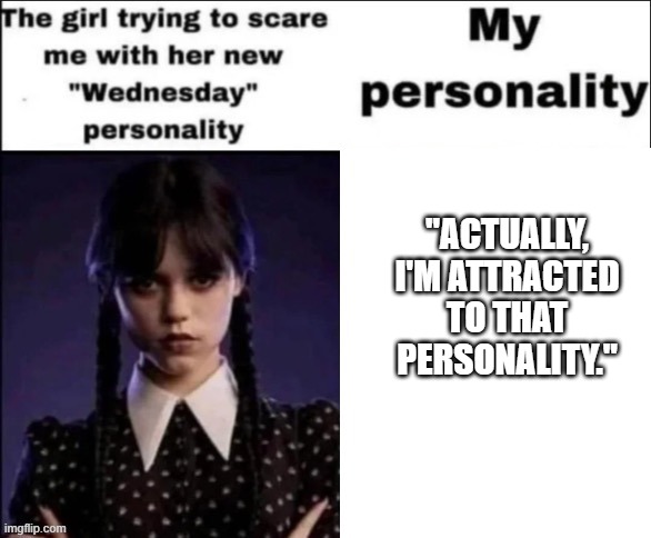 Imagine that. | "ACTUALLY, I'M ATTRACTED TO THAT PERSONALITY." | image tagged in the girl trying to scare me with her new wednesday personality,stop reading the tags | made w/ Imgflip meme maker