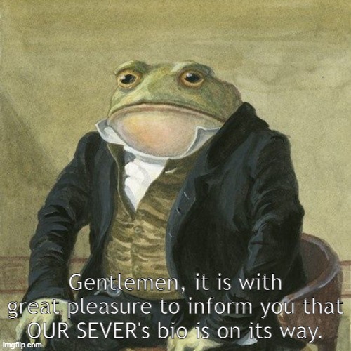 Might take a long time but i have the basic idea planned out. | Gentlemen, it is with great pleasure to inform you that OUR SEVER's bio is on its way. | image tagged in gentlemen it is with great pleasure to inform you that | made w/ Imgflip meme maker