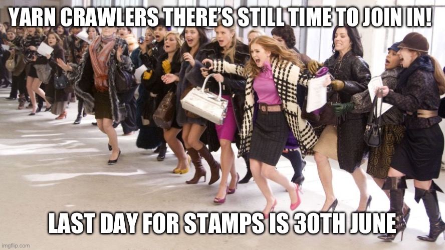Shopping frenzy | YARN CRAWLERS THERE’S STILL TIME TO JOIN IN! LAST DAY FOR STAMPS IS 30TH JUNE | image tagged in shopping frenzy | made w/ Imgflip meme maker