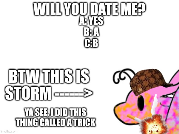meet Storm | WILL YOU DATE ME? A: YES
B: A
C:B; BTW THIS IS STORM ------>; YA SEE, I DID THIS THING CALLED A TRICK | image tagged in joke | made w/ Imgflip meme maker