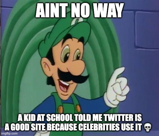 he said im on crack when i first brought up that it's the worst site.  istg be better be saying this shit as bait | AINT NO WAY; A KID AT SCHOOL TOLD ME TWITTER IS A GOOD SITE BECAUSE CELEBRITIES USE IT 💀 | made w/ Imgflip meme maker