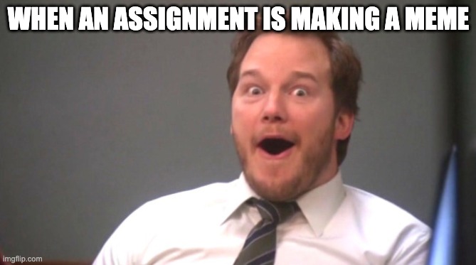 this happened to me | WHEN AN ASSIGNMENT IS MAKING A MEME | image tagged in chris pratt happy | made w/ Imgflip meme maker