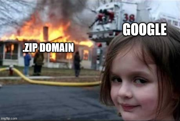 Disaster 100 | GOOGLE; .ZIP DOMAIN | image tagged in burning house girl,google,domain,zip | made w/ Imgflip meme maker