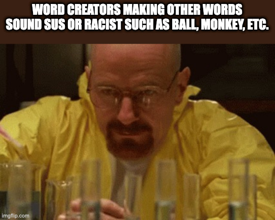 (This meme wasn't meant to say sus or racist things, so don't do anything but to laugh or don't) | WORD CREATORS MAKING OTHER WORDS SOUND SUS OR RACIST SUCH AS BALL, MONKEY, ETC. | image tagged in walter white cooking | made w/ Imgflip meme maker