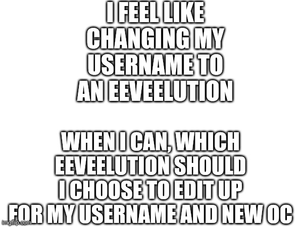 I've been changing my username a lot, but this last one I think I'll keep | I FEEL LIKE CHANGING MY USERNAME TO AN EEVEELUTION; WHEN I CAN, WHICH EEVEELUTION SHOULD I CHOOSE TO EDIT UP FOR MY USERNAME AND NEW OC | image tagged in reeeee | made w/ Imgflip meme maker