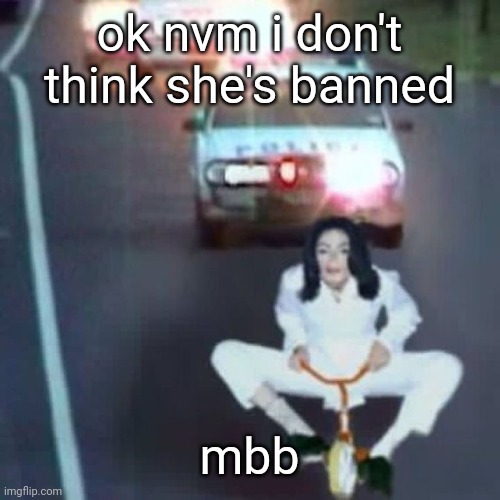 nope im wrong again damn im retarded | ok nvm i don't think she's banned; mbb | image tagged in police chase | made w/ Imgflip meme maker