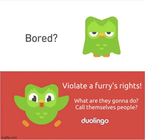 Big brain! >:) | Violate a furry's rights! What are they gonna do?
Call themselves people? | image tagged in duolingo bored,furry,anti furry | made w/ Imgflip meme maker