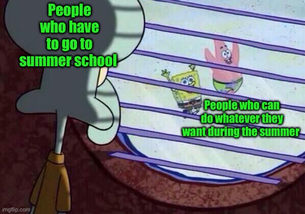 For all of you going to summer school, I’m very sorry | People who have to go to summer school; People who can do whatever they want during the summer | image tagged in squidward window,memes,funny,school,summer,summer vacation | made w/ Imgflip meme maker