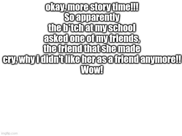 True story! | okay, more story time!!!
So apparently the b*tch at my school asked one of my friends, the friend that she made cry, why i didn't like her as a friend anymore!!
Wow! | image tagged in story | made w/ Imgflip meme maker