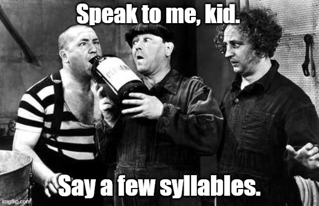 Say a few syllables | Speak to me, kid. Say a few syllables. | image tagged in three stooges drink,three stooges,drinking,funny | made w/ Imgflip meme maker