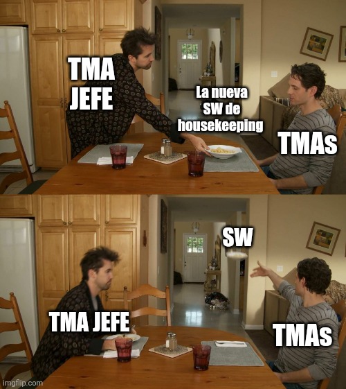 No SW for me | TMA
JEFE; La nueva SW de
housekeeping; TMAs; SW; TMA JEFE; TMAs | image tagged in plate toss,ib | made w/ Imgflip meme maker