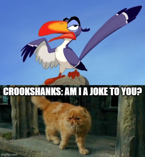 CROOKSHANKS: AM I A JOKE TO YOU? | image tagged in zazu,crookshanks | made w/ Imgflip meme maker