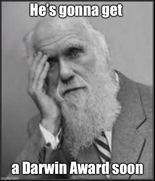 darwin facepalm | He’s gonna get a Darwin Award soon | image tagged in darwin facepalm | made w/ Imgflip meme maker