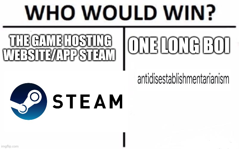 If you don't know, the word antidisestablishmentarianism breaks steam if you set it as your steam ID | ONE LONG BOI; THE GAME HOSTING WEBSITE/APP STEAM | image tagged in memes,who would win | made w/ Imgflip meme maker