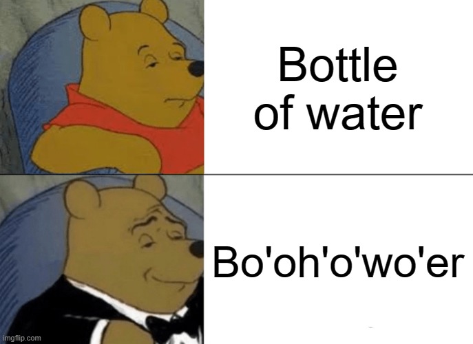 bri'ish pe'all be like: | Bottle of water; Bo'oh'o'wo'er | image tagged in memes,tuxedo winnie the pooh | made w/ Imgflip meme maker