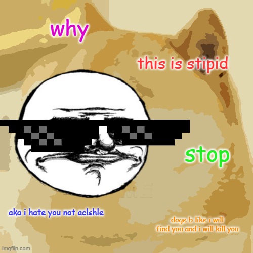 why; this is stipid; stop; aka i hate you not aclshle; doge b like i will find you and i will kill you | made w/ Imgflip meme maker