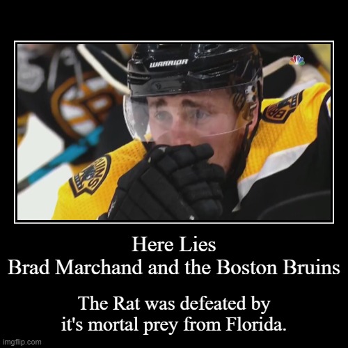 Sad Marchand | Here Lies
Brad Marchand and the Boston Bruins | The Rat was defeated by it's mortal prey from Florida. | image tagged in funny,demotivationals | made w/ Imgflip demotivational maker