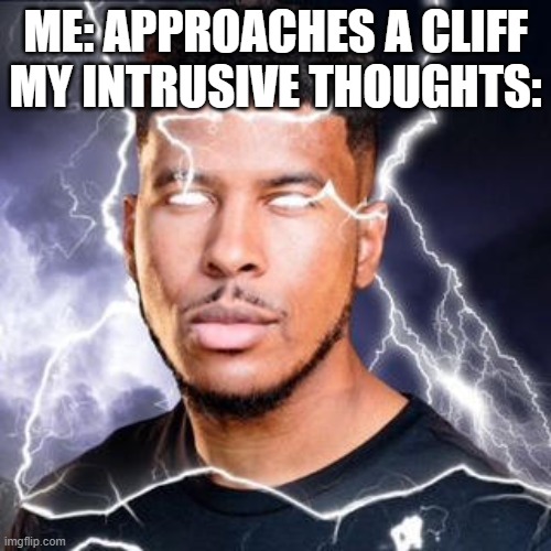 My Intrusive Thoughts: | ME: APPROACHES A CLIFF
MY INTRUSIVE THOUGHTS: | image tagged in lowtiergod | made w/ Imgflip meme maker