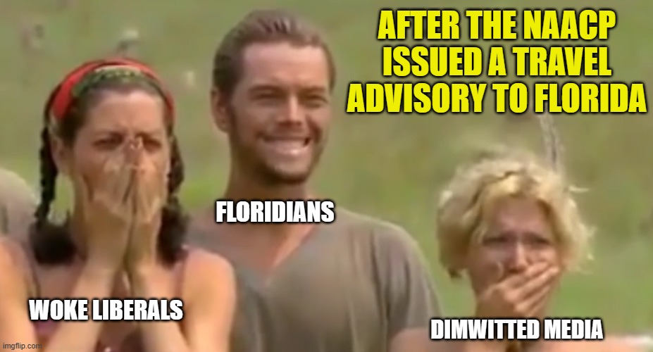 The Left is so unhinged | AFTER THE NAACP ISSUED A TRAVEL ADVISORY TO FLORIDA; FLORIDIANS; WOKE LIBERALS; DIMWITTED MEDIA | image tagged in liberals,woke,leftists,biased media,selective outrage,liars | made w/ Imgflip meme maker