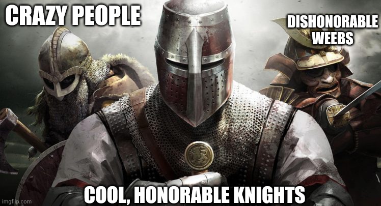 I am clearly biased | CRAZY PEOPLE; DISHONORABLE WEEBS; COOL, HONORABLE KNIGHTS | image tagged in for honor factions | made w/ Imgflip meme maker