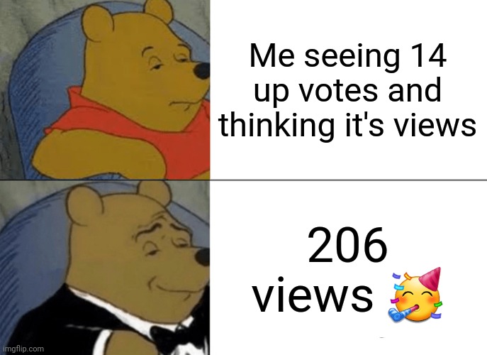 Tuxedo Winnie The Pooh Meme | Me seeing 14 up votes and thinking it's views; 206 views 🥳 | image tagged in memes,tuxedo winnie the pooh | made w/ Imgflip meme maker