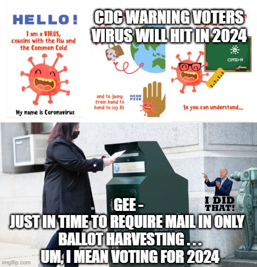 Here We Go Again | CDC WARNING VOTERS VIRUS WILL HIT IN 2024; GEE -
JUST IN TIME TO REQUIRE MAIL IN ONLY 
 BALLOT HARVESTING . . .
 UM, I MEAN VOTING FOR 2024 | image tagged in democrats,2024,ballots,covid19,leftists,liberals | made w/ Imgflip meme maker