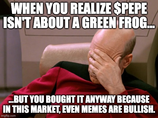 pepe | WHEN YOU REALIZE $PEPE ISN'T ABOUT A GREEN FROG... ...BUT YOU BOUGHT IT ANYWAY BECAUSE IN THIS MARKET, EVEN MEMES ARE BULLISH. | image tagged in pepe the frog,crypto | made w/ Imgflip meme maker