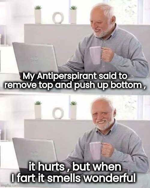Getting more for your money | My Antiperspirant said to remove top and push up bottom , it hurts , but when I fart it smells wonderful | image tagged in memes,hide the pain harold,instructions,easy,well yes but actually no,bottom text | made w/ Imgflip meme maker