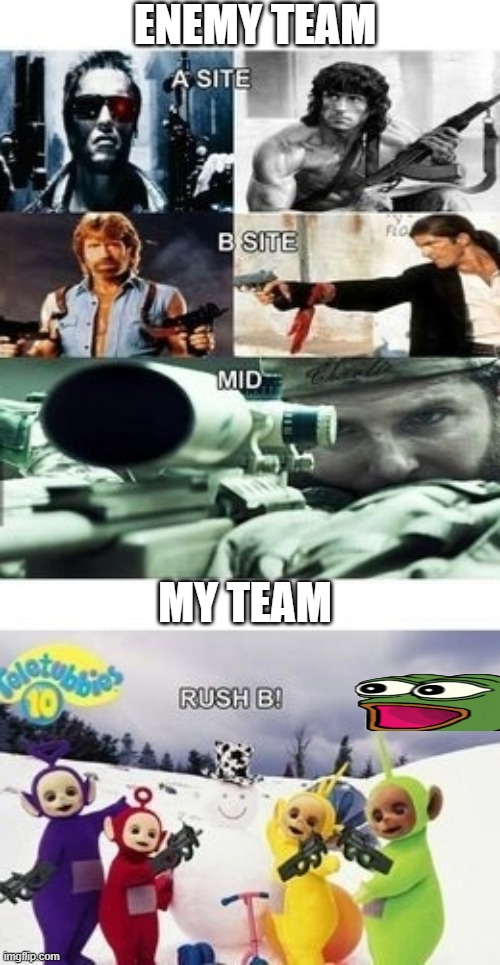 my team vs enemy team | ENEMY TEAM; MY TEAM | image tagged in gaming,teletubbies,cod | made w/ Imgflip meme maker