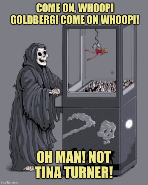 > ( ~) < | COME ON, WHOOPI GOLDBERG! COME ON WHOOPI! OH MAN! NOT TINA TURNER! | image tagged in grim reaper claw machine,grim reaper,tina turner,whoopi goldberg,tag this imgflip | made w/ Imgflip meme maker