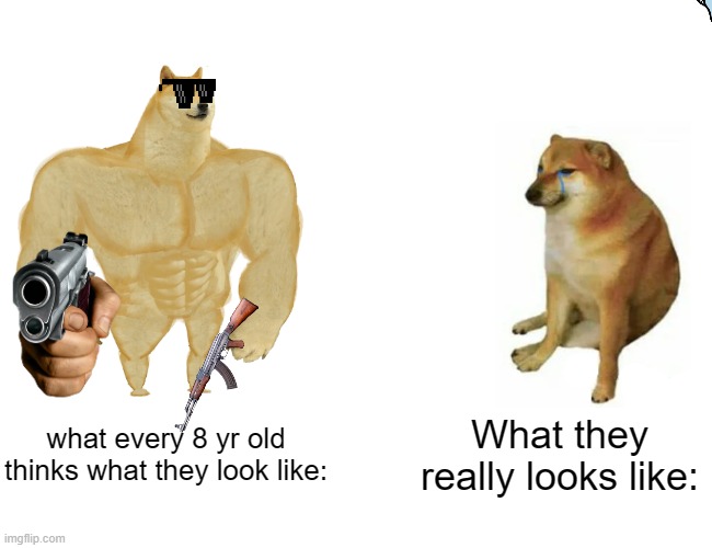 Sort of kind of maybe sorta relatable | what every 8 yr old thinks what they look like:; What they really looks like: | image tagged in buff doge vs cheems | made w/ Imgflip meme maker