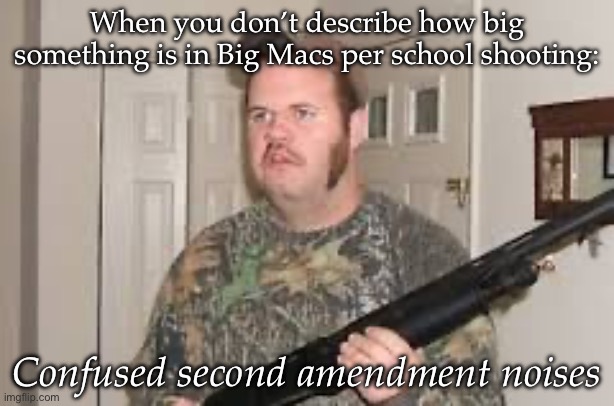 How big? | When you don’t describe how big something is in Big Macs per school shooting:; Confused second amendment noises | image tagged in confused redneck,americans,metric system | made w/ Imgflip meme maker