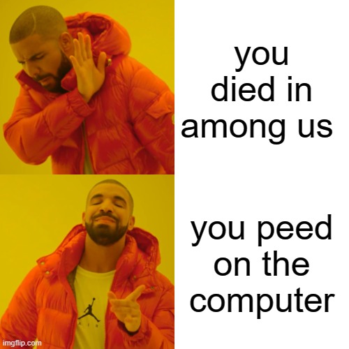 Drake Hotline Bling Meme | you died in among us; you peed on the computer | image tagged in memes,drake hotline bling | made w/ Imgflip meme maker