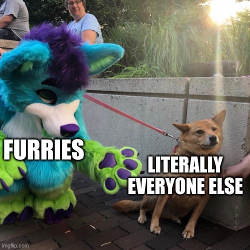 Dog afraid of furry | FURRIES; LITERALLY EVERYONE ELSE | image tagged in dog afraid of furry,anti furry,memes,anti furry meme | made w/ Imgflip meme maker
