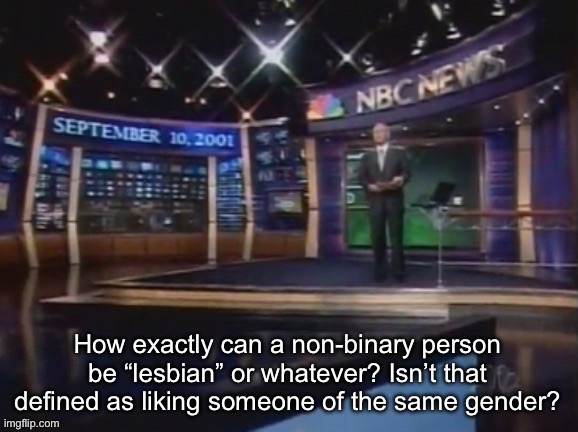 September 10, 2001 | How exactly can a non-binary person be “lesbian” or whatever? Isn’t that defined as liking someone of the same gender? | image tagged in september 10 2001 | made w/ Imgflip meme maker