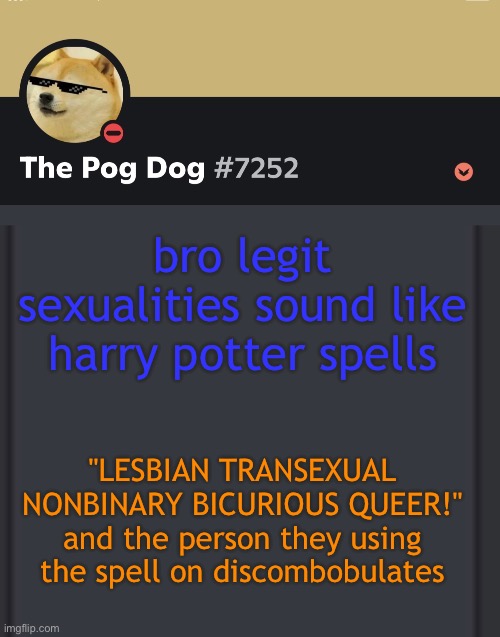 epic doggos epic discord temp | bro legit sexualities sound like harry potter spells; "LESBIAN TRANSEXUAL NONBINARY BICURIOUS QUEER!" and the person they using the spell on discombobulates | image tagged in epic doggos epic discord temp | made w/ Imgflip meme maker