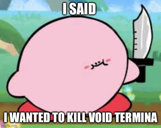 Kirby with a knife blank template | I SAID; I WANTED TO KILL VOID TERMINA | image tagged in kirby with a knife blank template | made w/ Imgflip meme maker