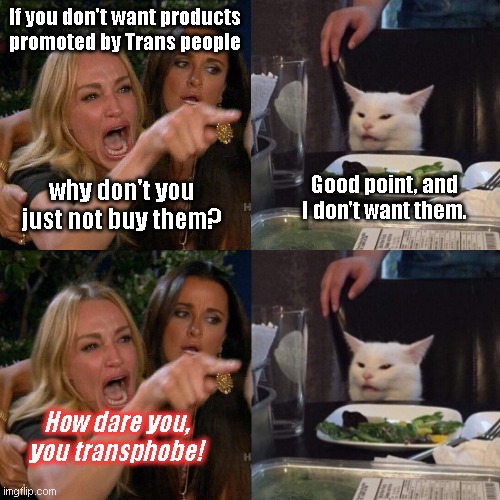 Because nothing is ever enough | If you don't want products promoted by Trans people; Good point, and I don't want them. why don't you just not buy them? How dare you, you transphobe! | image tagged in woman yelling at cat,transgender,lgbtq,leftist rage,mental illness,political humor | made w/ Imgflip meme maker