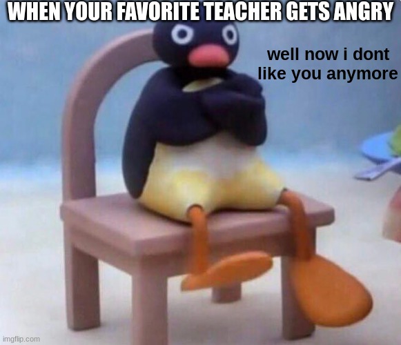 noot noot | WHEN YOUR FAVORITE TEACHER GETS ANGRY; well now i dont like you anymore | image tagged in noot noot | made w/ Imgflip meme maker