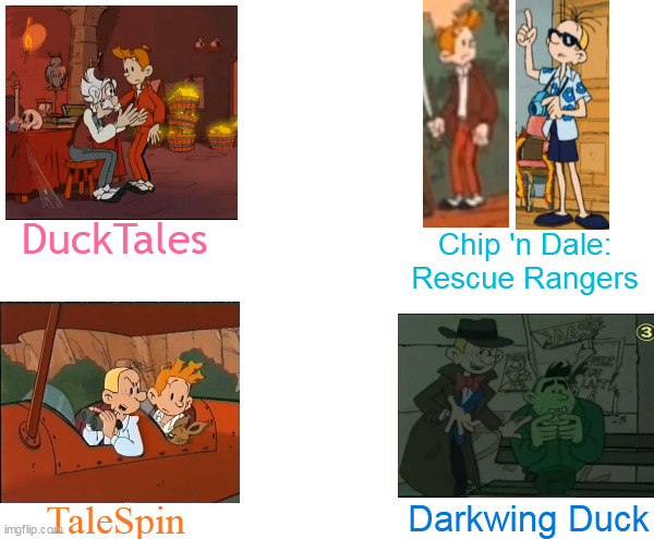 The 4 horsemen of The Disney Afternoon portrayed by Spirou & Fantasio | DuckTales; Chip 'n Dale: Rescue Rangers; Darkwing Duck; TaleSpin | image tagged in the 4 horsemen of | made w/ Imgflip meme maker