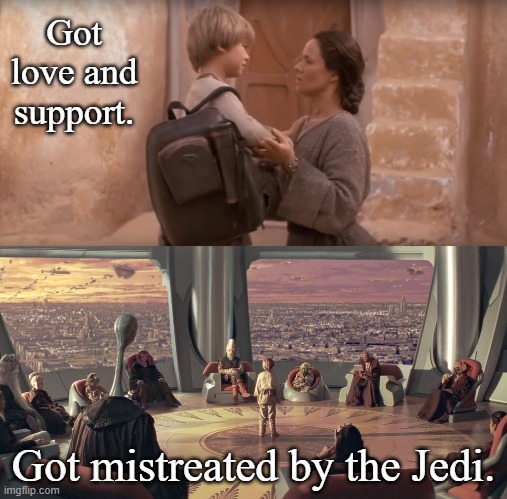 Anakin Would Have Been Better Off Staying with his Mother | Got love and support. Got mistreated by the Jedi. | image tagged in anakin skywalker jedi council | made w/ Imgflip meme maker