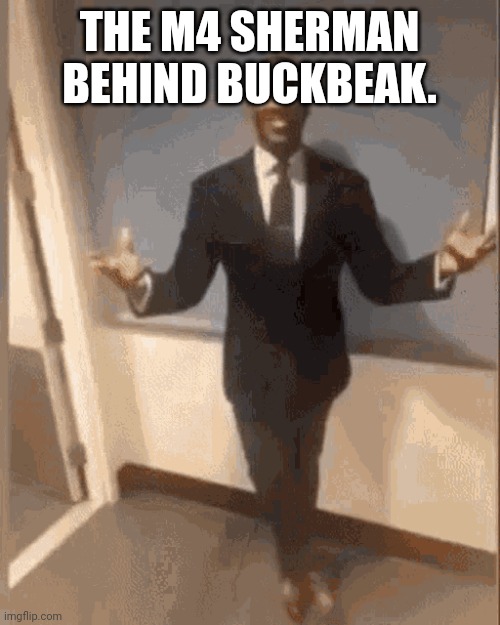 black guy introducing himself | THE M4 SHERMAN BEHIND BUCKBEAK. | image tagged in black guy introducing himself | made w/ Imgflip meme maker
