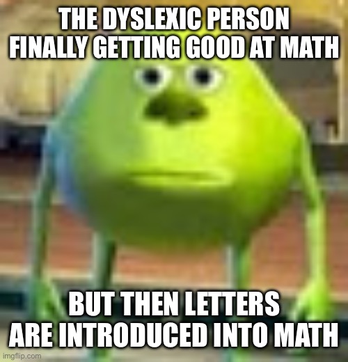 Sully Wazowski | THE DYSLEXIC PERSON FINALLY GETTING GOOD AT MATH; BUT THEN LETTERS ARE INTRODUCED INTO MATH | image tagged in sully wazowski | made w/ Imgflip meme maker
