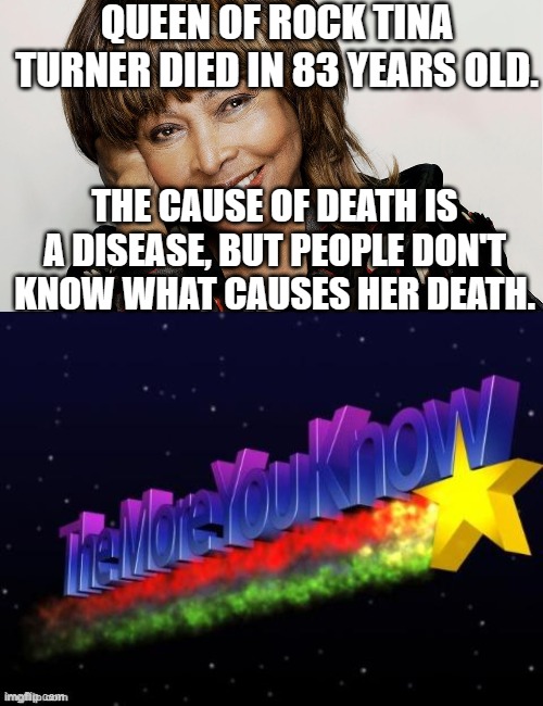 Why did I make this? | QUEEN OF ROCK TINA TURNER DIED IN 83 YEARS OLD. THE CAUSE OF DEATH IS A DISEASE, BUT PEOPLE DON'T KNOW WHAT CAUSES HER DEATH. | image tagged in the more you know,tina turner,rip,83 | made w/ Imgflip meme maker