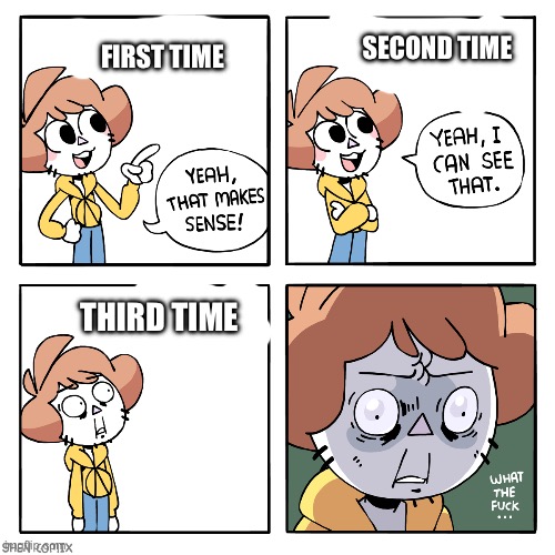 Yeah That Makes Sense | FIRST TIME THIRD TIME SECOND TIME | image tagged in yeah that makes sense | made w/ Imgflip meme maker