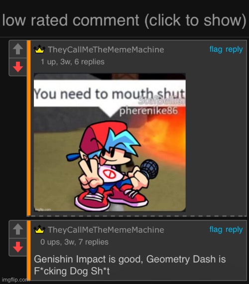 This kid is Defending G3nsh1n Imp@ct & Trashing on a Masterpeice… | image tagged in low rated comment dark mode version,memes,low rated comment,imgflip,genshin impact sucks,geometry dash | made w/ Imgflip meme maker