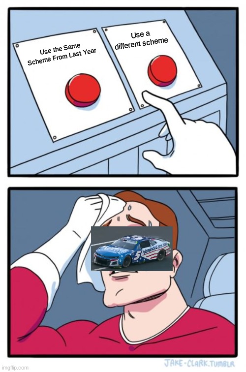 it's gonna be boring if they use it from last year | Use a different scheme; Use the Same Scheme From Last Year | image tagged in memes,two buttons | made w/ Imgflip meme maker