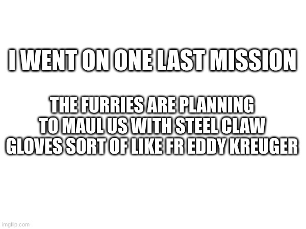 THE FURRIES ARE PLANNING TO MAUL US WITH STEEL CLAW GLOVES SORT OF LIKE FR EDDY KREUGER; I WENT ON ONE LAST MISSION | made w/ Imgflip meme maker