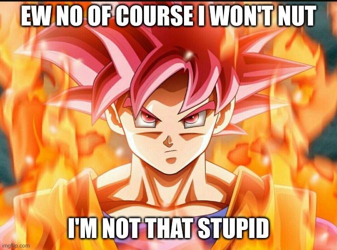 Goku ssj God | EW NO OF COURSE I WON'T NUT I'M NOT THAT STUPID | image tagged in goku ssj god | made w/ Imgflip meme maker